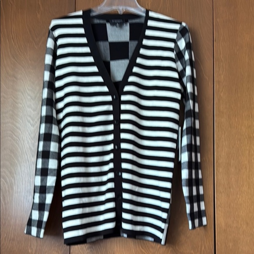 Rondina New York Black and Ivory Striped Sweater, Buffalo Plaid Sleeves & Back M